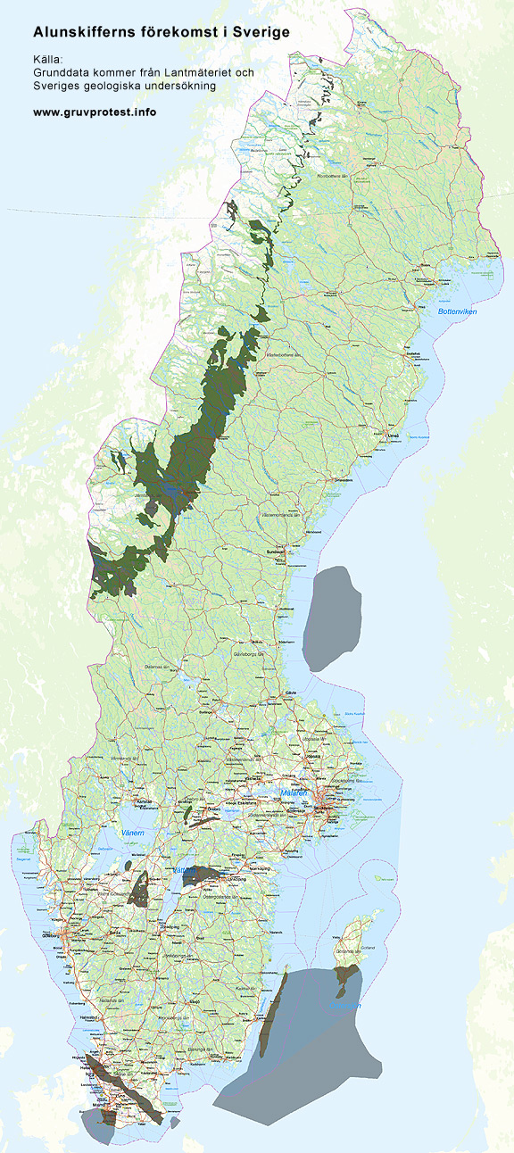 Karta över alunskifferns förekomst i Sverige
